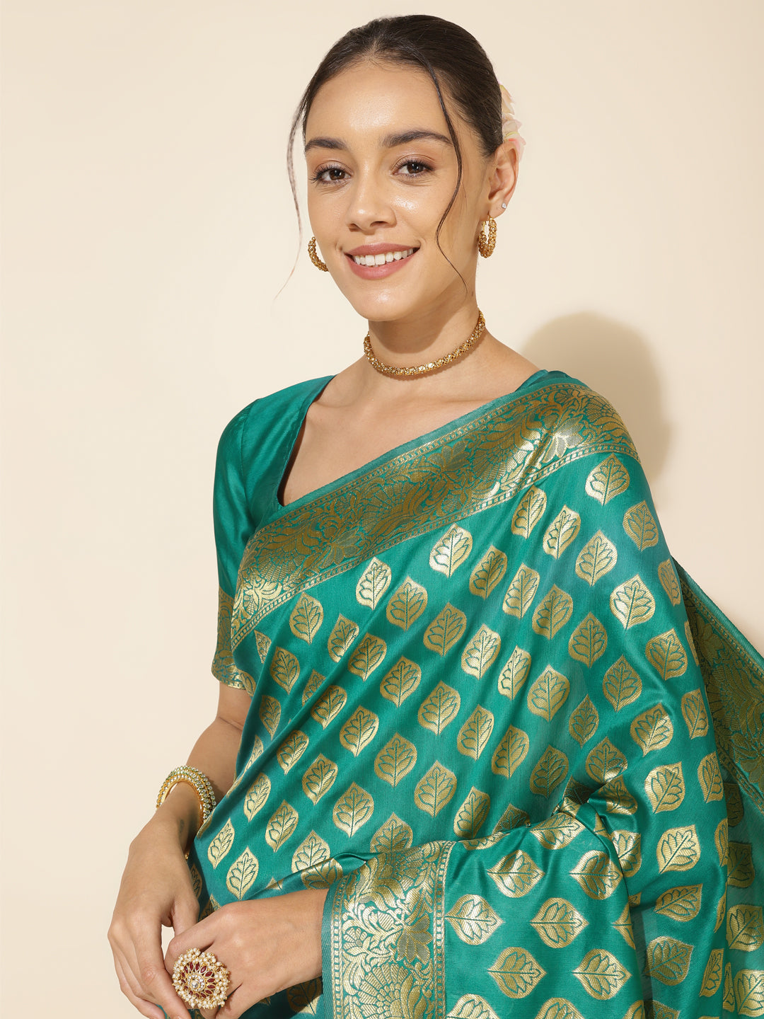 Janasya Rama Green Banarasi Silk Ethnic Motifs Woven Design Saree | Grocsy