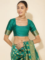 Janasya Rama Green Banarasi Silk Ethnic Motifs Woven Design Saree | Grocsy