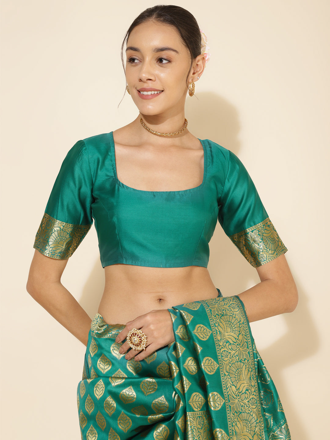 Janasya Rama Green Banarasi Silk Ethnic Motifs Woven Design Saree | Grocsy