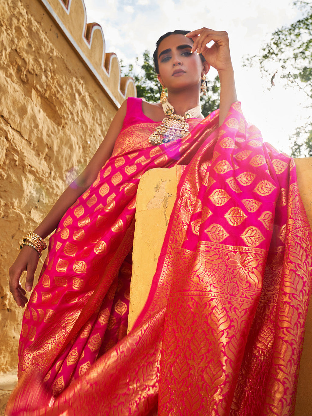 Janasya Rani Pink Banarasi Silk Ethnic Motifs Woven Design Saree | Grocsy