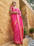 Janasya Rani Pink Banarasi Silk Ethnic Motifs Woven Design Saree | Grocsy