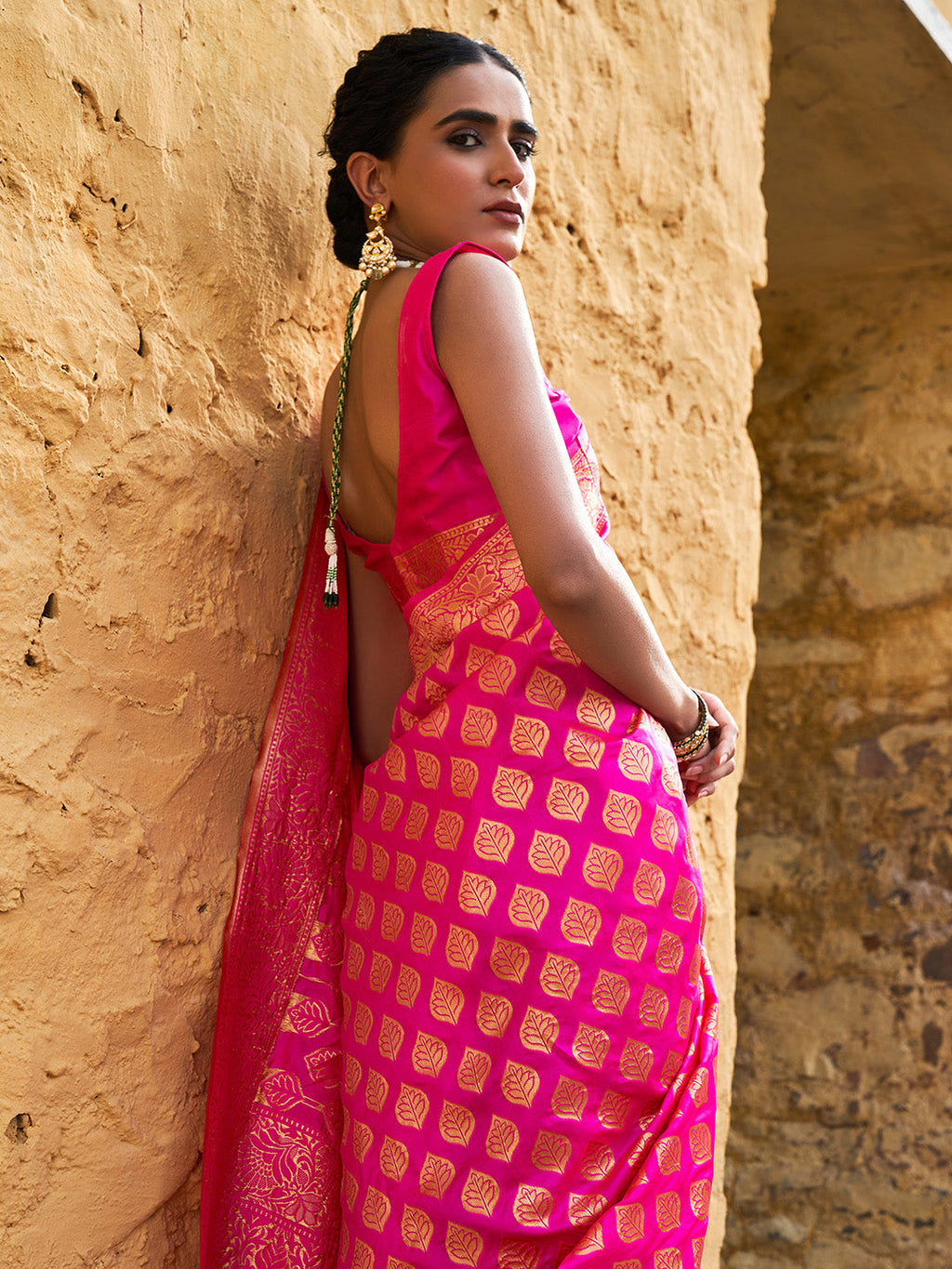 Janasya Rani Pink Banarasi Silk Ethnic Motifs Woven Design Saree | Grocsy