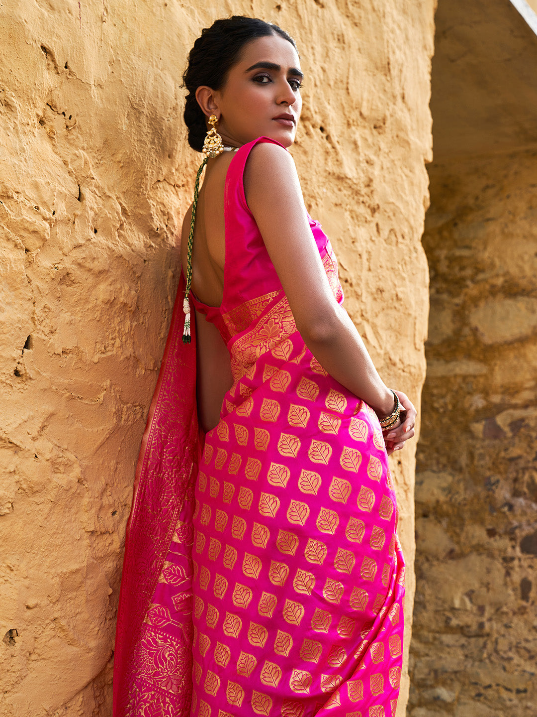 Janasya Rani Pink Banarasi Silk Ethnic Motifs Woven Design Saree | Grocsy