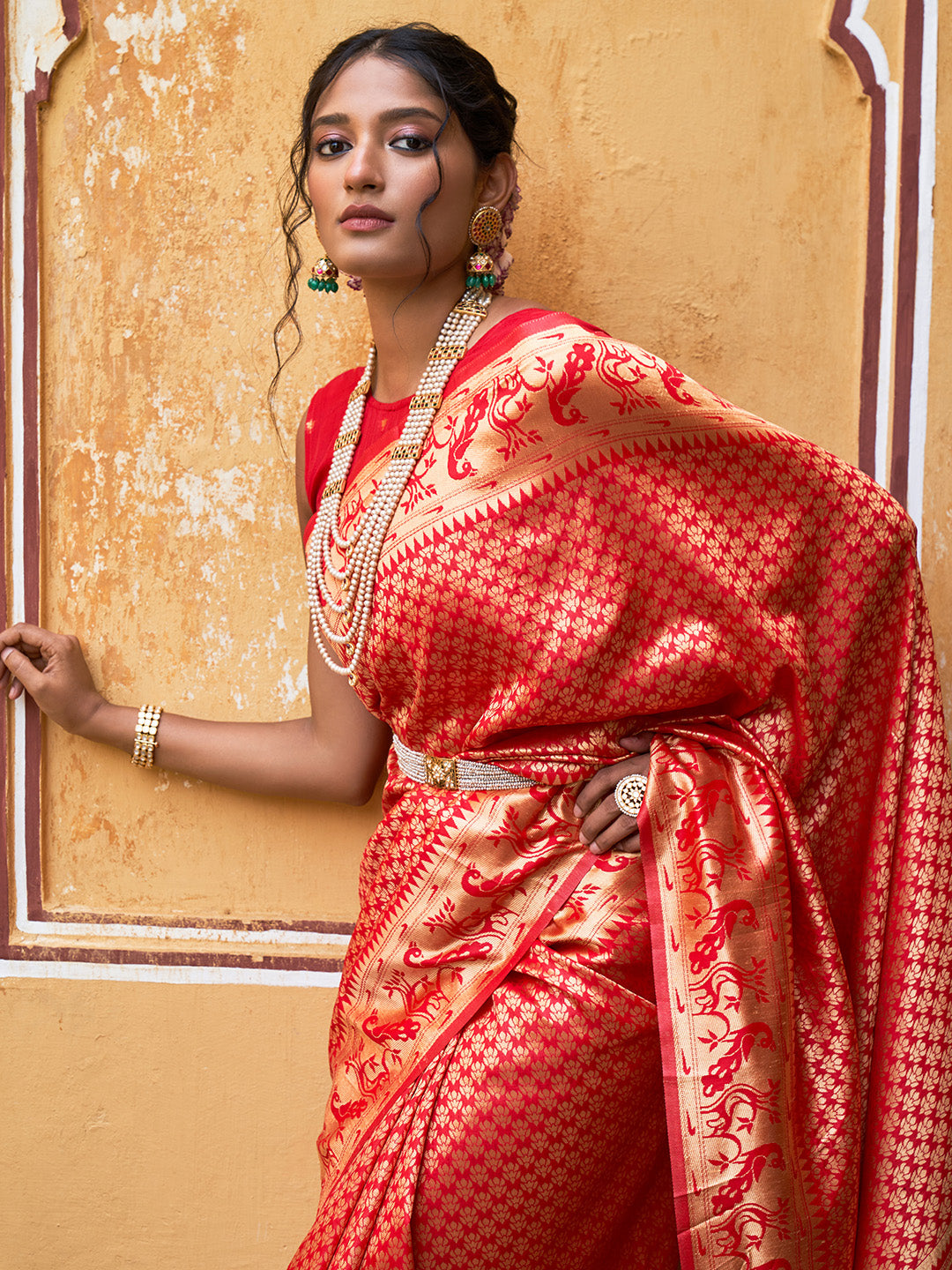 Janasya Red Paithani Silk Woven Ethnic Motifs Paithani Silk Saree | Grocsy