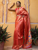 Janasya Red Paithani Silk Woven Ethnic Motifs Paithani Silk Saree | Grocsy