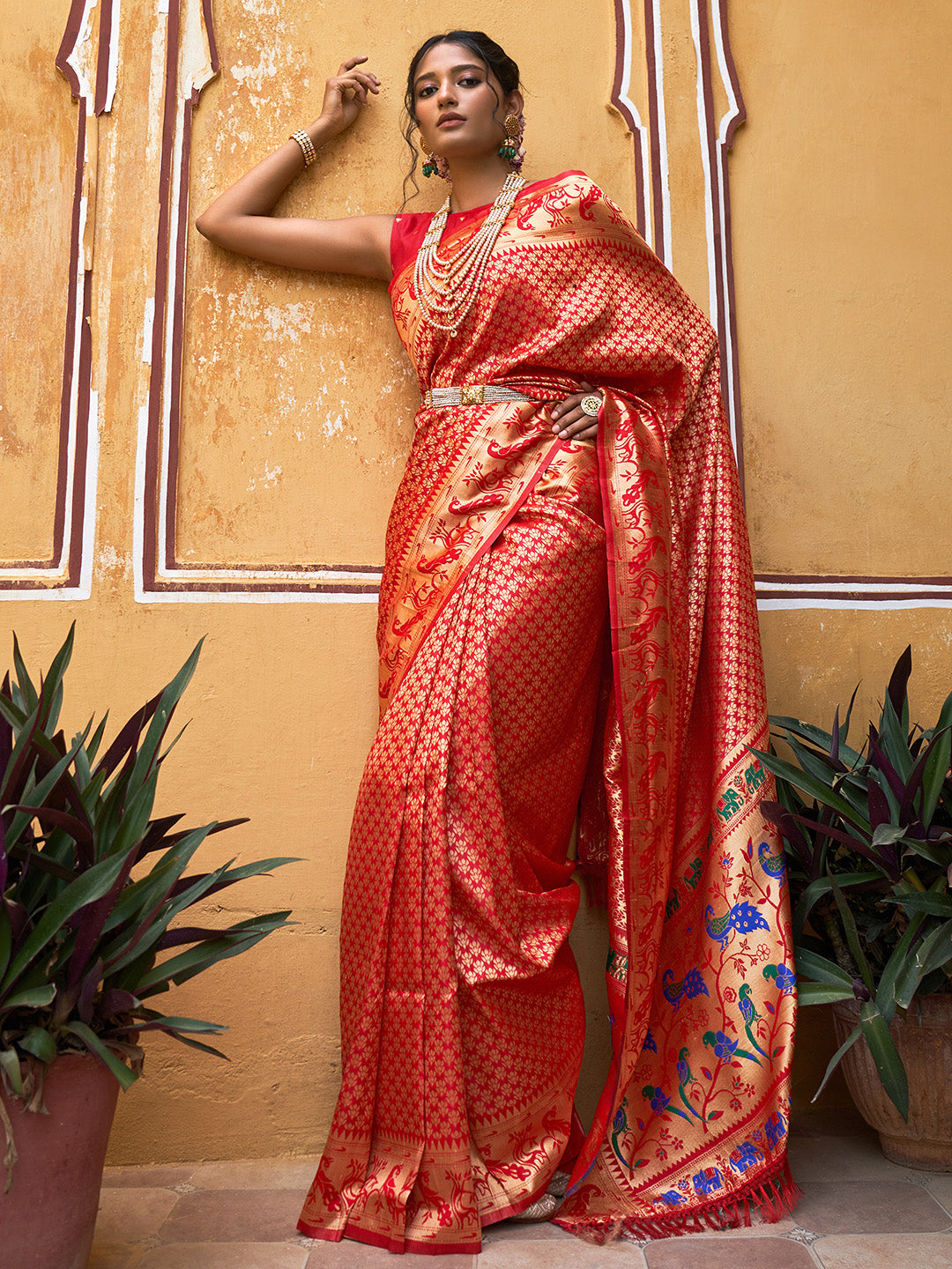 Janasya Red Paithani Silk Woven Ethnic Motifs Paithani Silk Saree | Grocsy