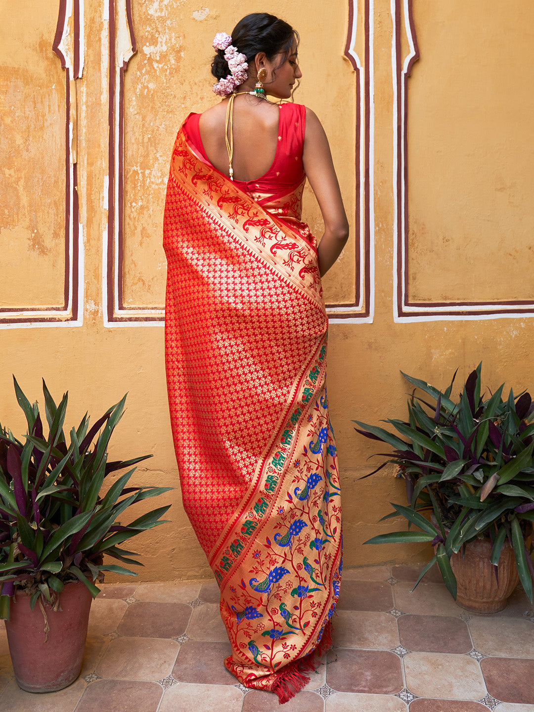 Janasya Red Paithani Silk Woven Ethnic Motifs Paithani Silk Saree | Grocsy
