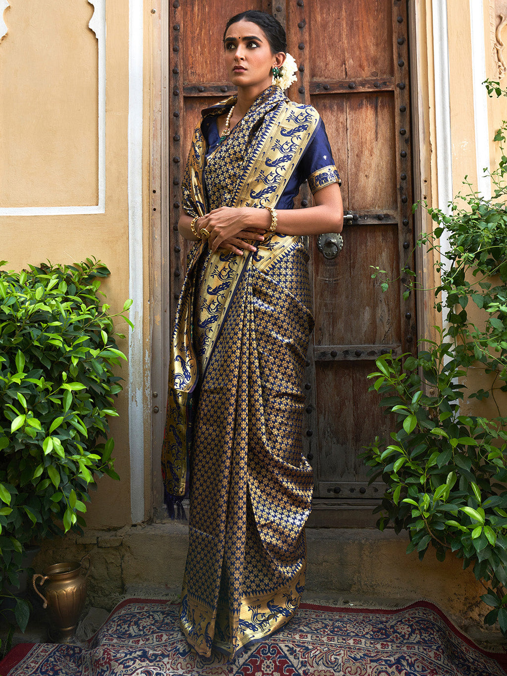 Janasya Navy Blue Paithani Silk Woven Ethnic Motifs Paithani Silk Saree | Grocsy