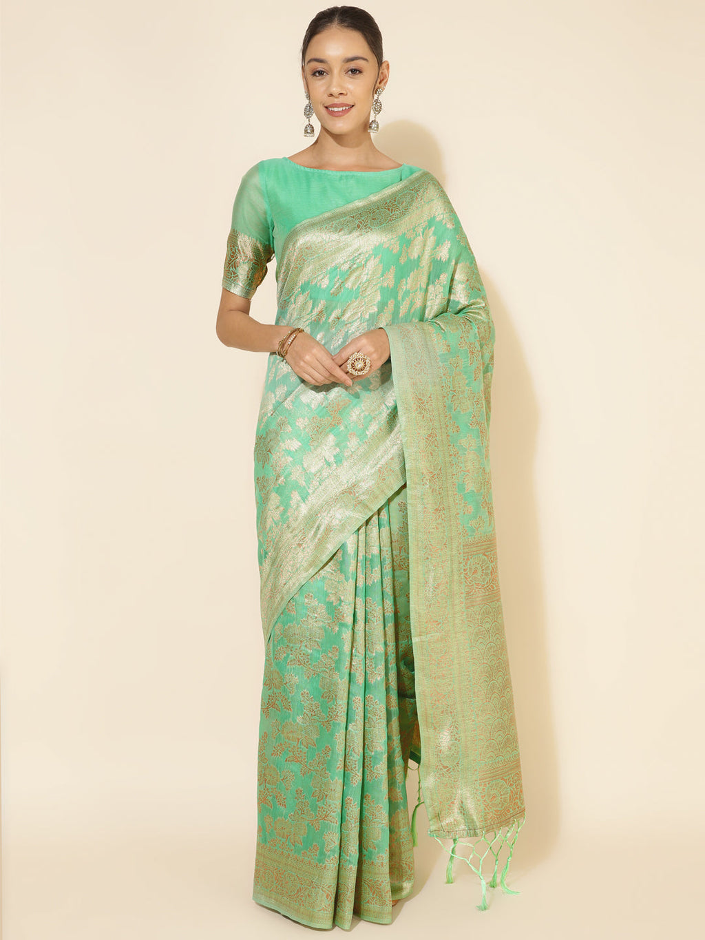 Janasya Green Chanderi Silk Floral Woven Design Saree | Grocsy