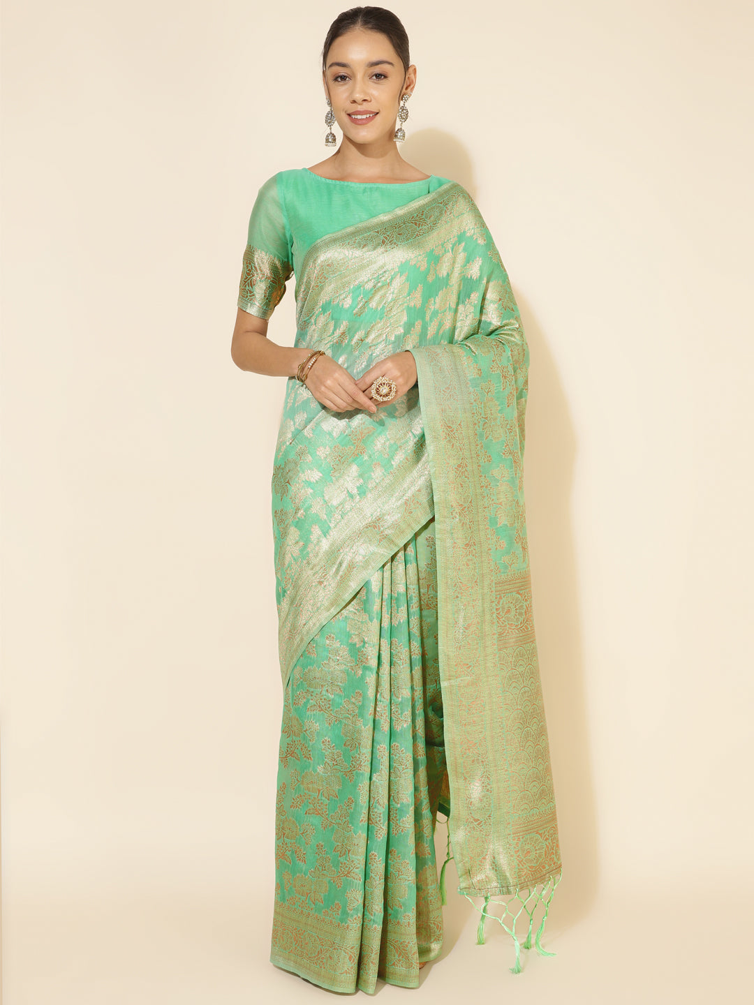 Janasya Green Chanderi Silk Floral Woven Design Saree | Grocsy