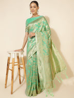 Janasya Green Chanderi Silk Floral Woven Design Saree | Grocsy