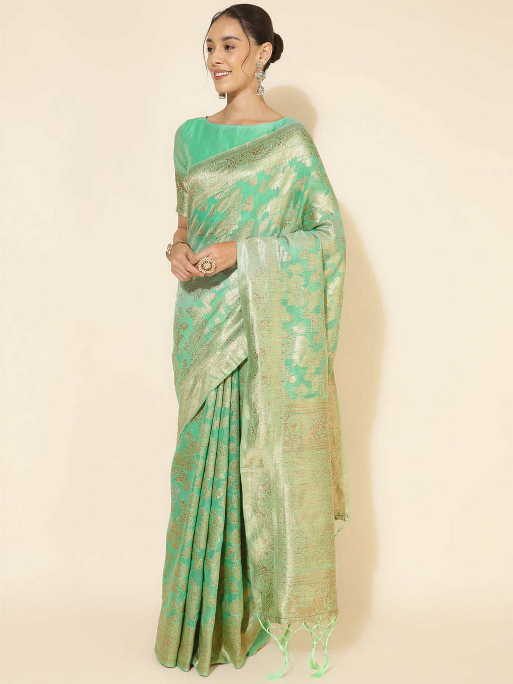Janasya Green Chanderi Silk Floral Woven Design Saree | Grocsy