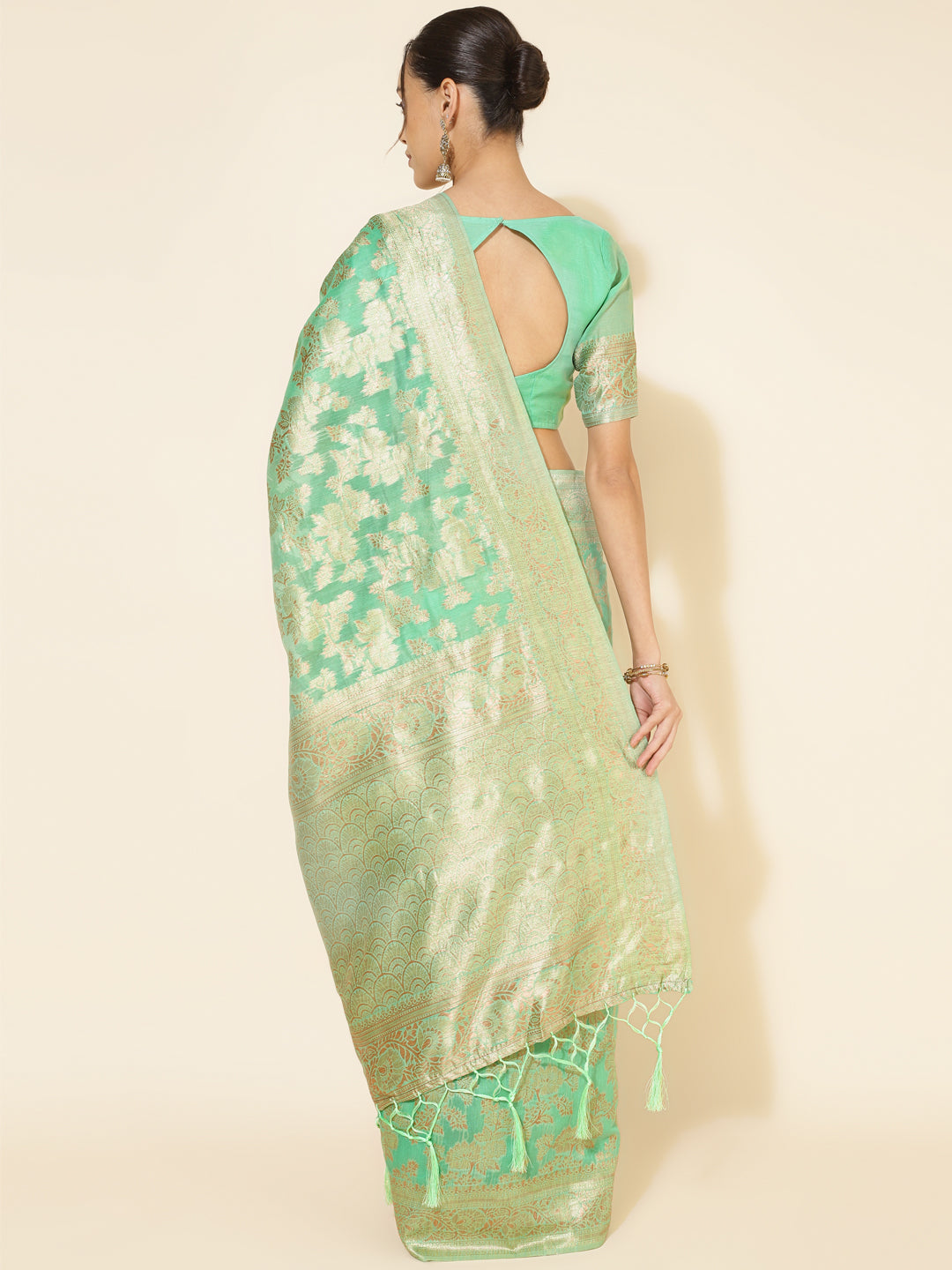Janasya Green Chanderi Silk Floral Woven Design Saree | Grocsy