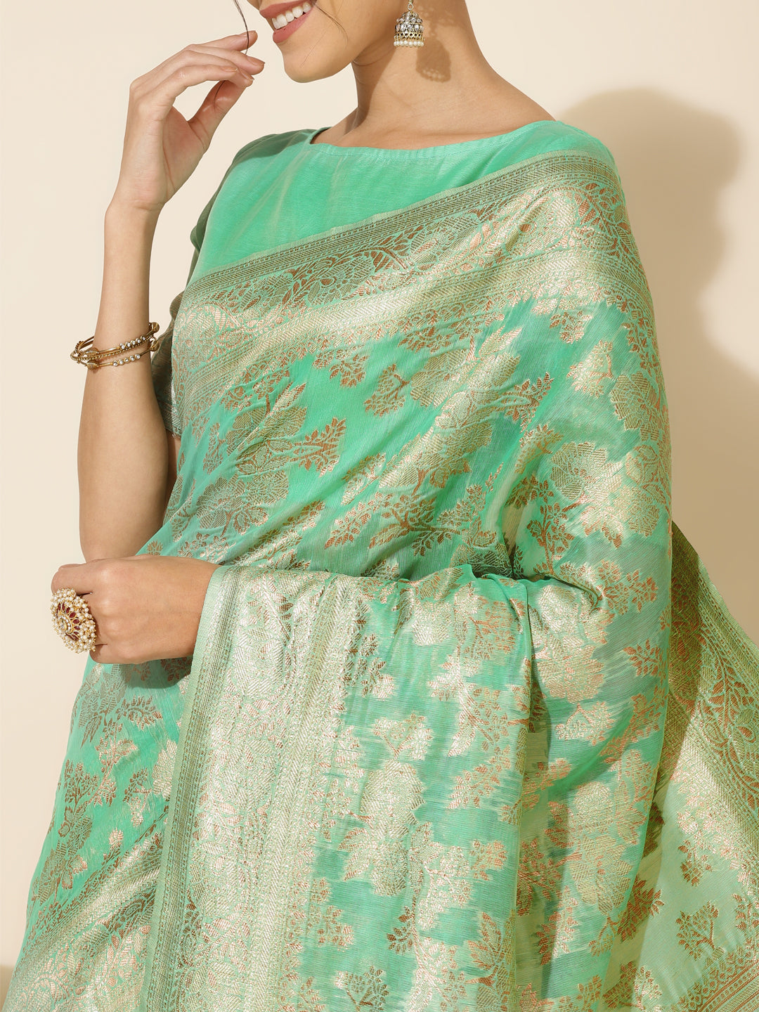 Janasya Green Chanderi Silk Floral Woven Design Saree | Grocsy