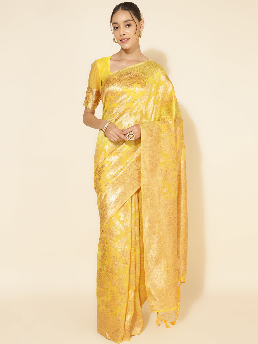 Janasya Yellow Chanderi Silk Floral Woven Design Saree | Grocsy
