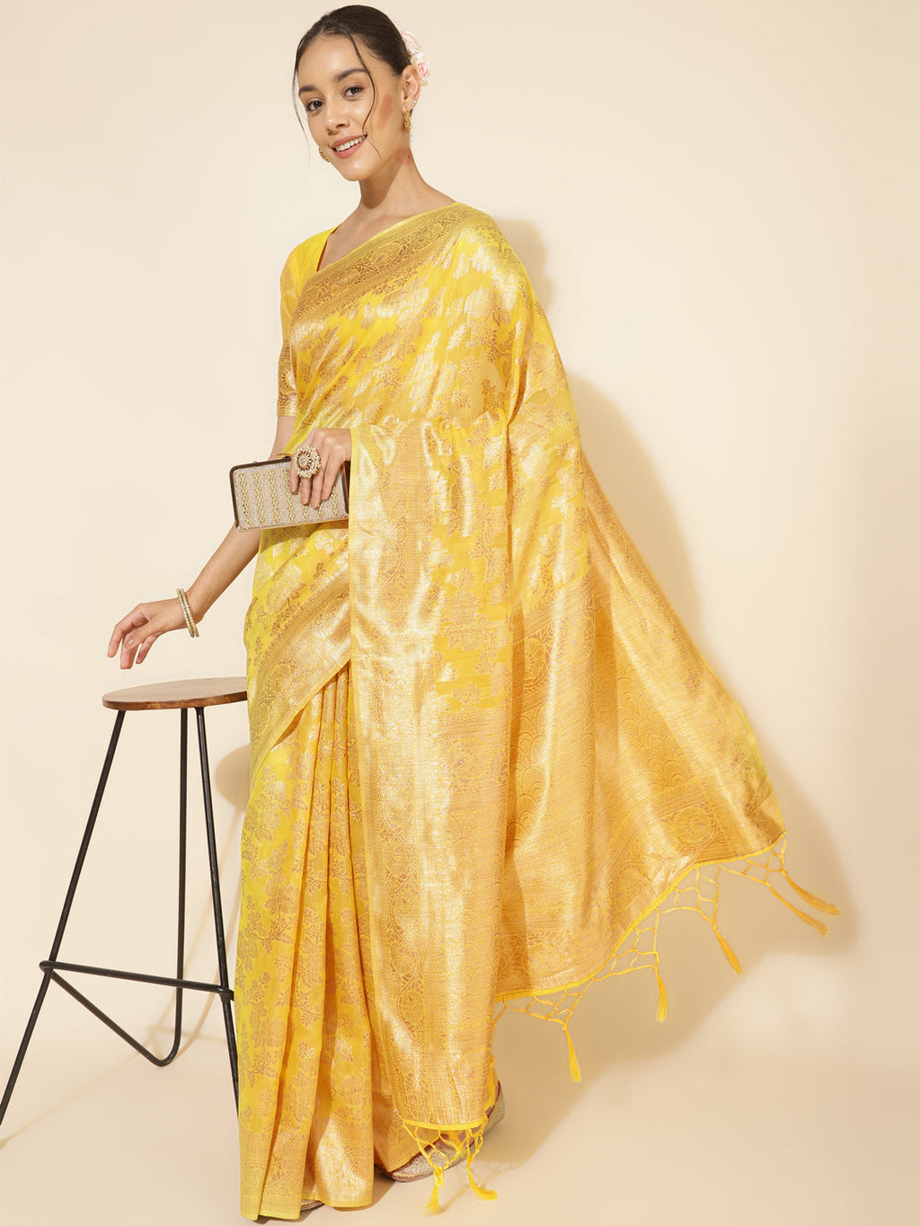 Janasya Yellow Chanderi Silk Floral Woven Design Saree | Grocsy