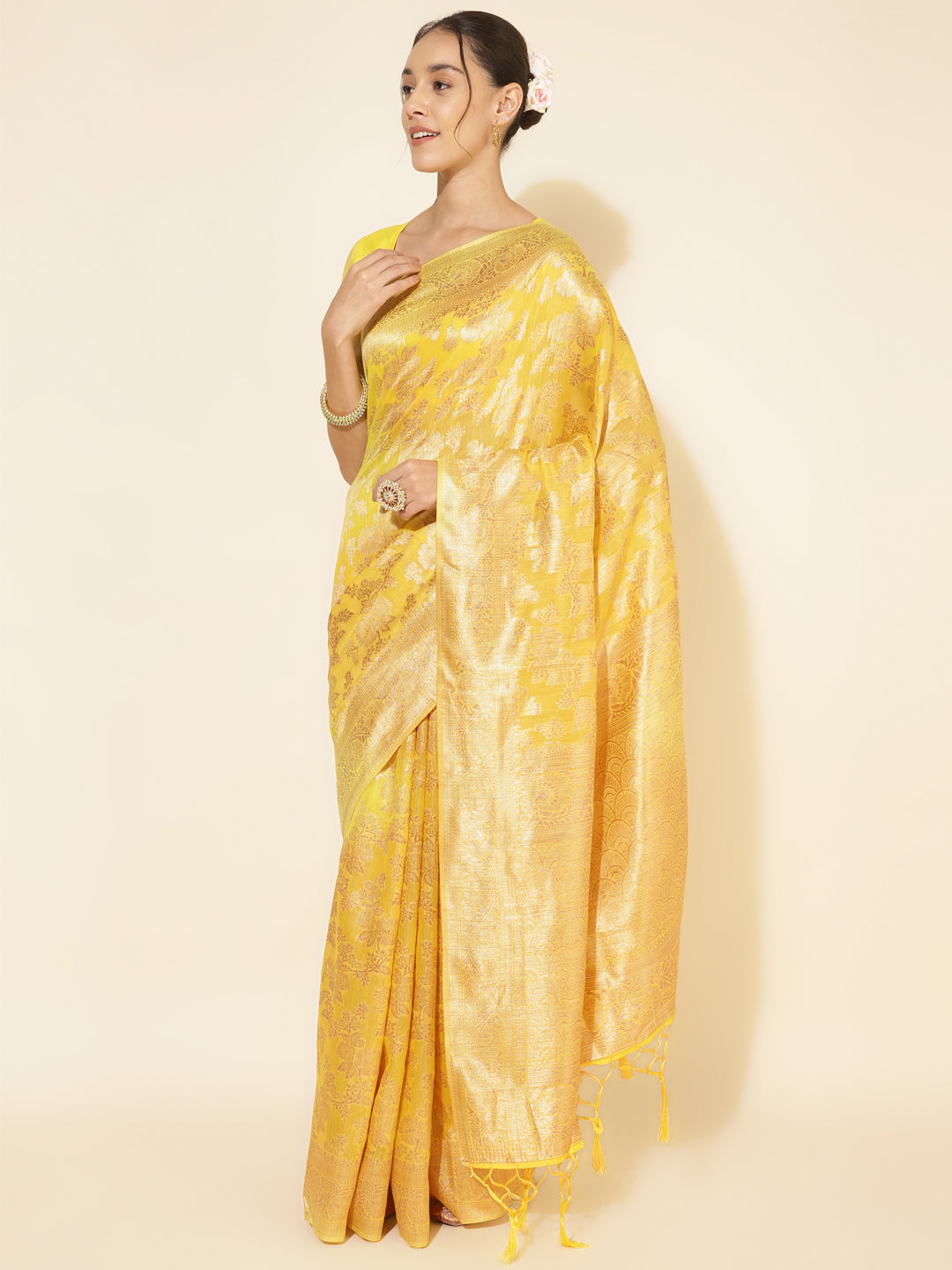 Janasya Yellow Chanderi Silk Floral Woven Design Saree | Grocsy