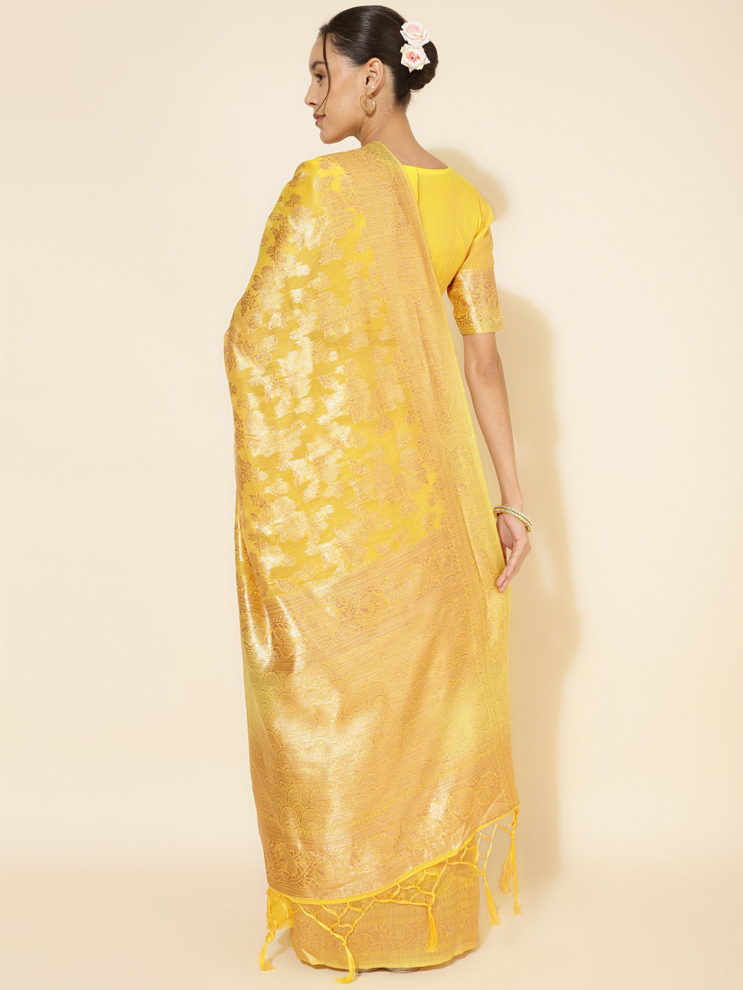 Janasya Yellow Chanderi Silk Floral Woven Design Saree | Grocsy