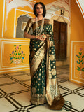 Janasya Dark Green Organza Woven Ethnic Motifs Kanjeevaram Saree | Grocsy