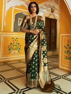 Janasya Dark Green Organza Woven Ethnic Motifs Kanjeevaram Saree | Grocsy