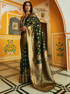 Janasya Dark Green Organza Woven Ethnic Motifs Kanjeevaram Saree | Grocsy
