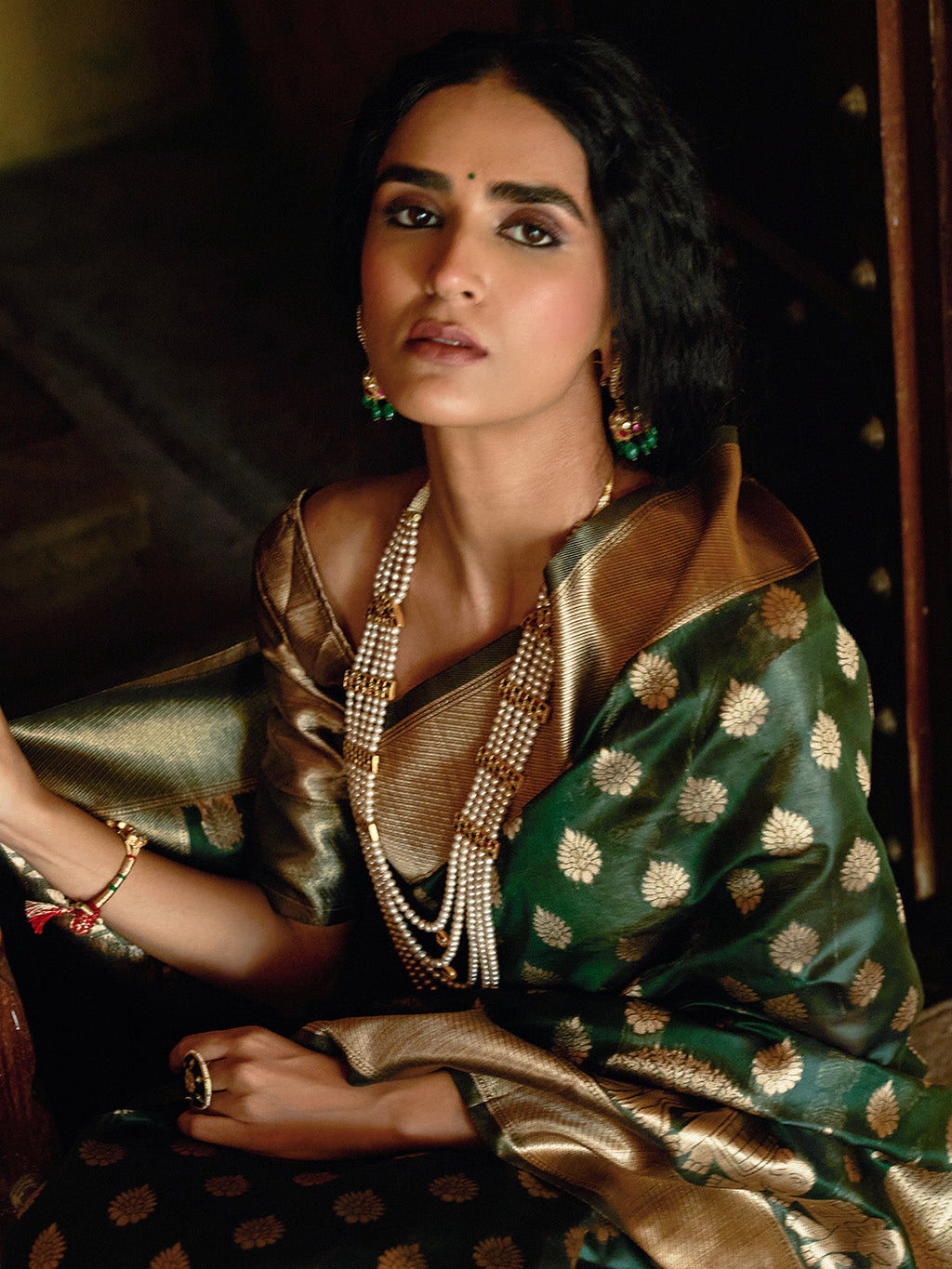 Janasya Dark Green Organza Woven Ethnic Motifs Kanjeevaram Saree | Grocsy