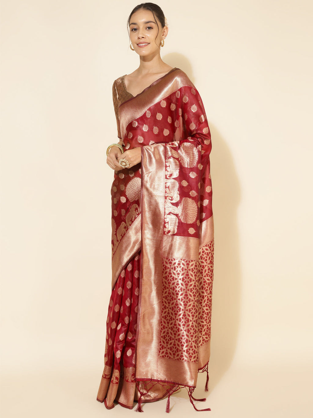 Janasya Maroon Organza Woven Ethnic Motifs Kanjeevaram Saree | Grocsy