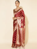 Janasya Maroon Organza Woven Ethnic Motifs Kanjeevaram Saree | Grocsy