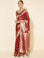 Janasya Maroon Organza Woven Ethnic Motifs Kanjeevaram Saree | Grocsy