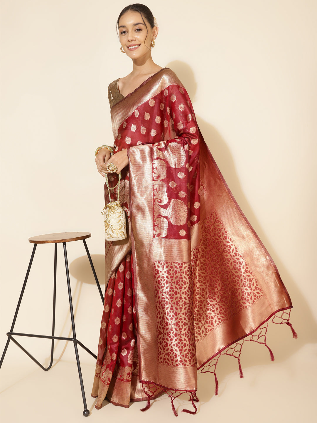 Janasya Maroon Organza Woven Ethnic Motifs Kanjeevaram Saree | Grocsy