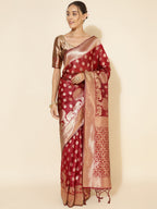 Janasya Maroon Organza Woven Ethnic Motifs Kanjeevaram Saree | Grocsy