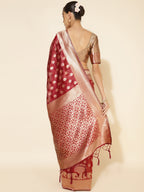 Janasya Maroon Organza Woven Ethnic Motifs Kanjeevaram Saree | Grocsy