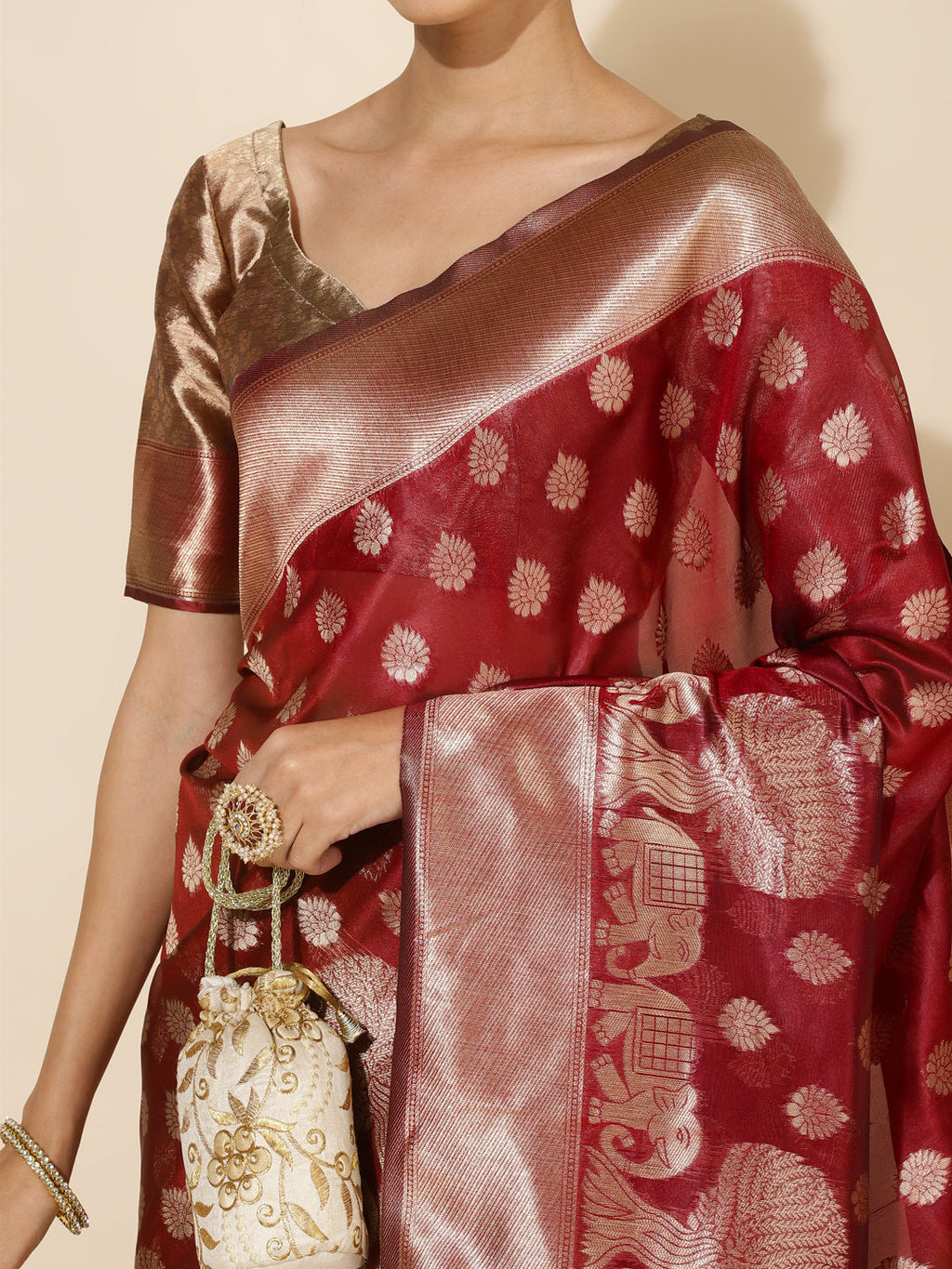 Janasya Maroon Organza Woven Ethnic Motifs Kanjeevaram Saree | Grocsy