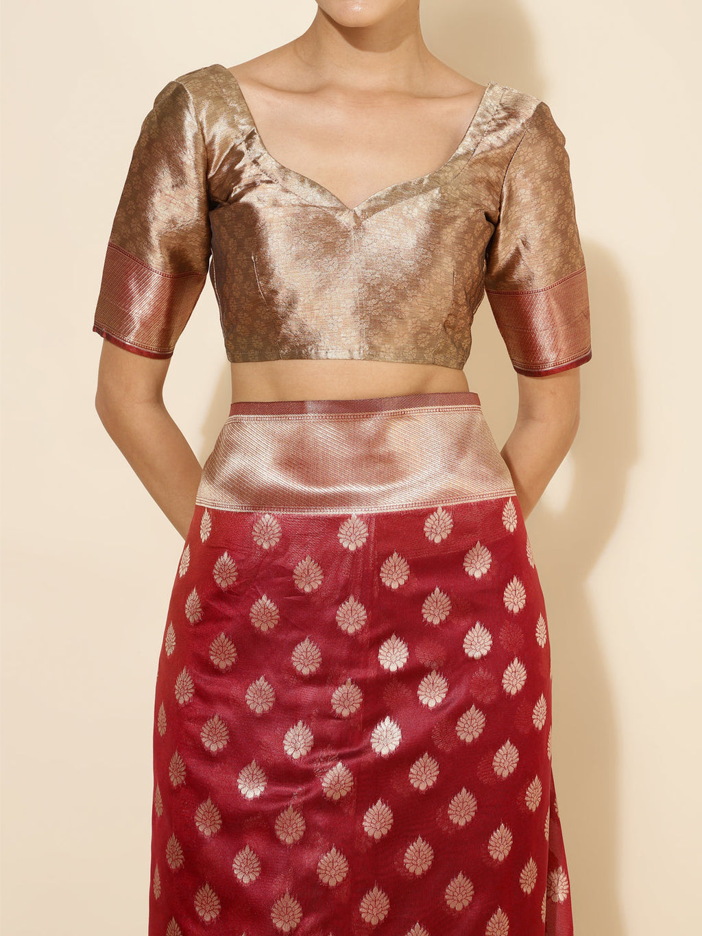 Janasya Maroon Organza Woven Ethnic Motifs Kanjeevaram Saree | Grocsy