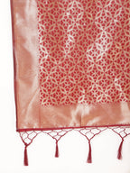 Janasya Maroon Organza Woven Ethnic Motifs Kanjeevaram Saree | Grocsy