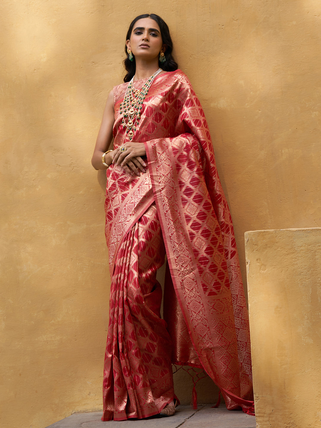 Janasya Red Organza Woven Ethnic Motifs Kanjeevaram Saree | Grocsy