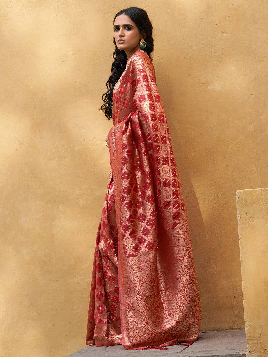 Janasya Red Organza Woven Ethnic Motifs Kanjeevaram Saree | Grocsy