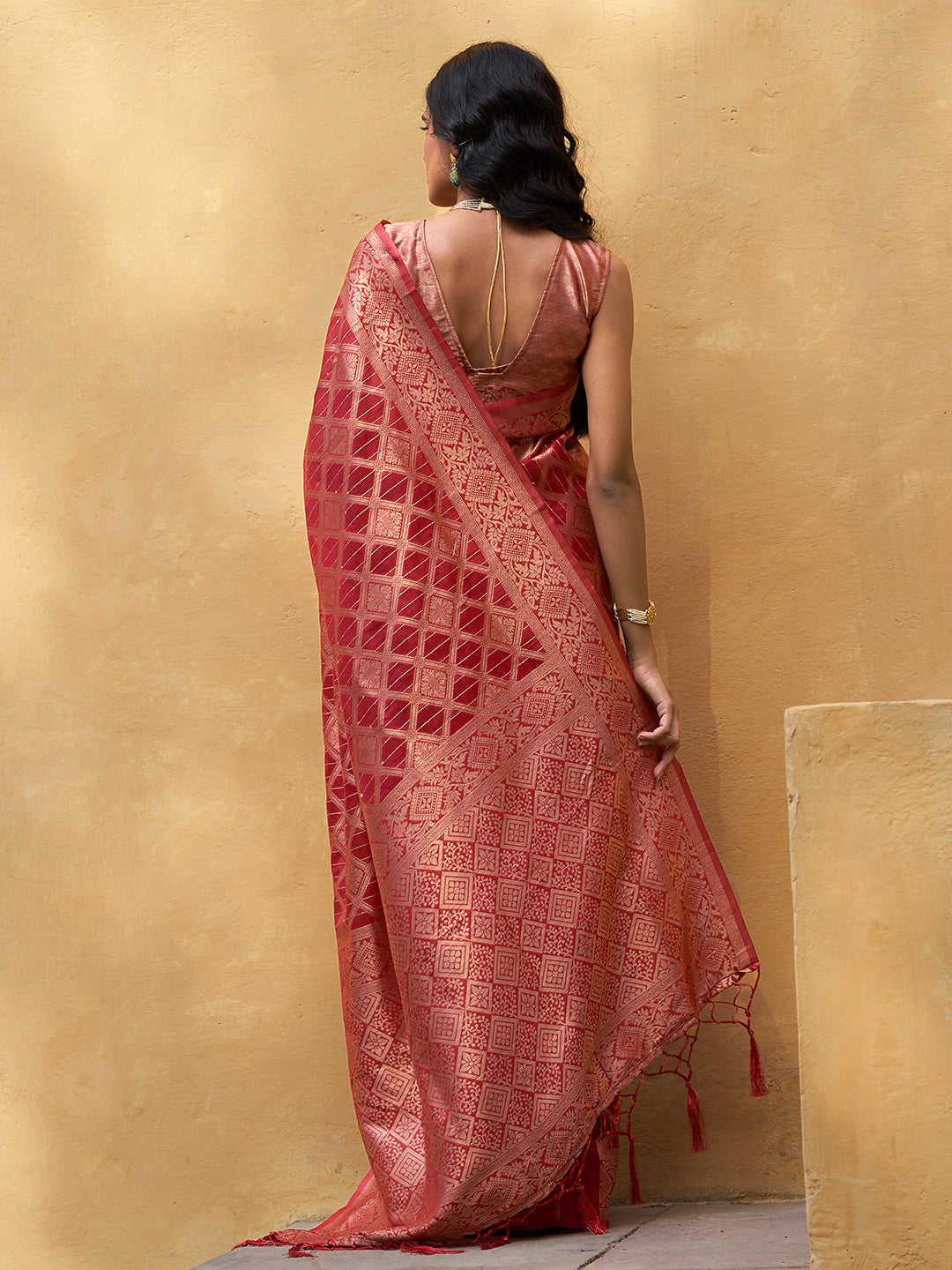 Janasya Red Organza Woven Ethnic Motifs Kanjeevaram Saree | Grocsy