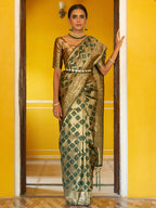 Janasya Dark Green Organza Woven Ethnic Motifs Kanjeevaram Saree | Grocsy