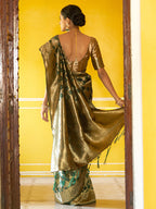 Janasya Dark Green Organza Woven Ethnic Motifs Kanjeevaram Saree | Grocsy