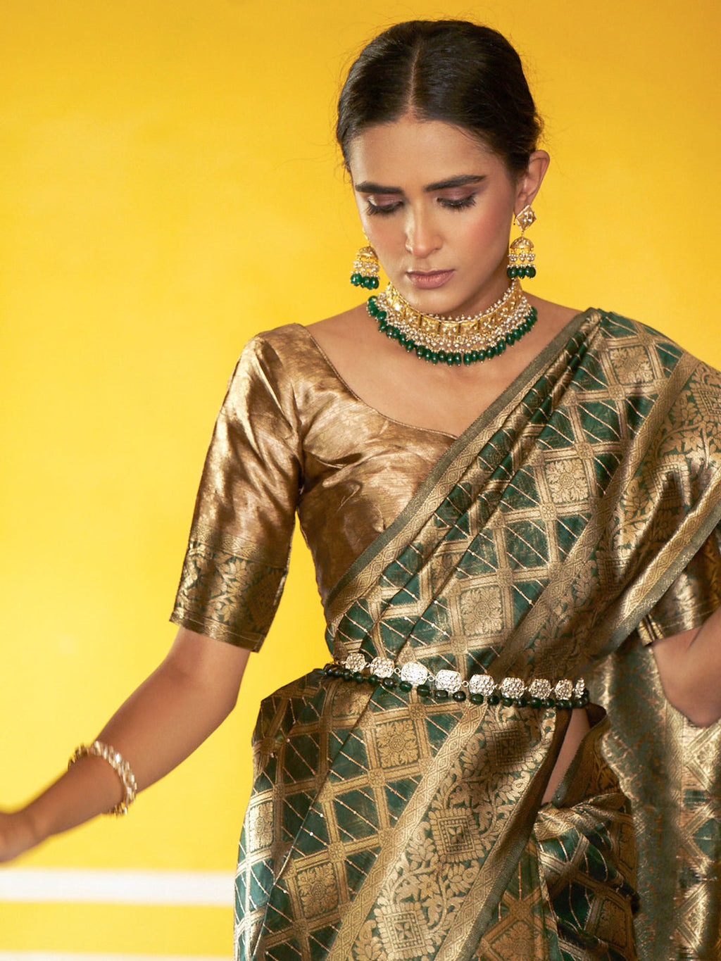 Janasya Dark Green Organza Woven Ethnic Motifs Kanjeevaram Saree | Grocsy