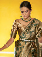 Janasya Dark Green Organza Woven Ethnic Motifs Kanjeevaram Saree | Grocsy