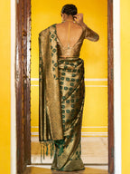 Janasya Dark Green Organza Woven Ethnic Motifs Kanjeevaram Saree | Grocsy