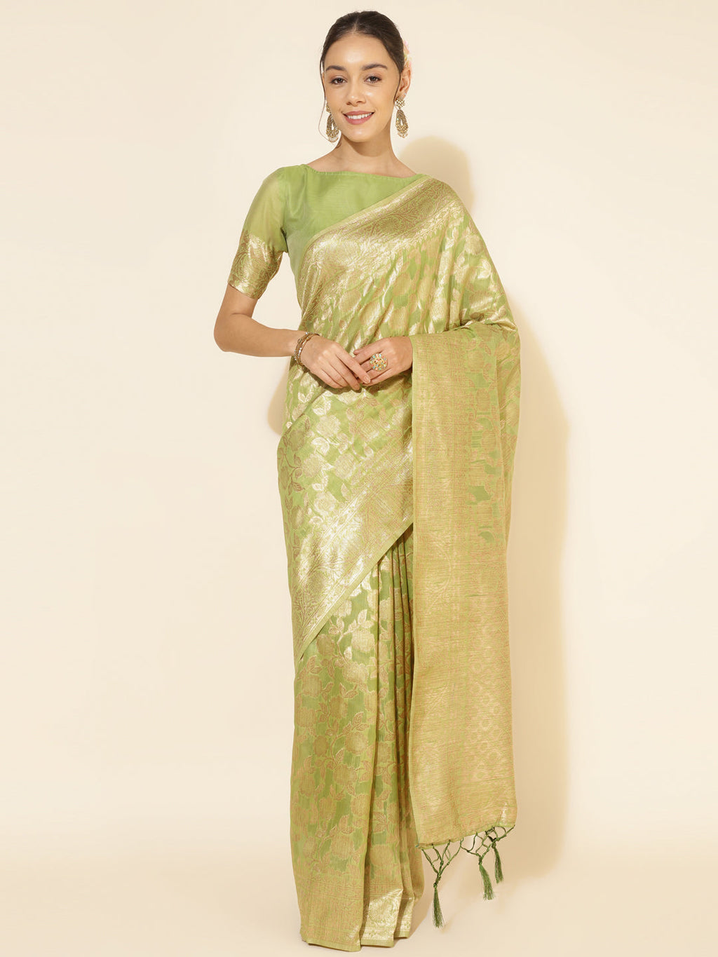 Janasya Light Green Chanderi Silk Floral Woven Design Saree | Grocsy