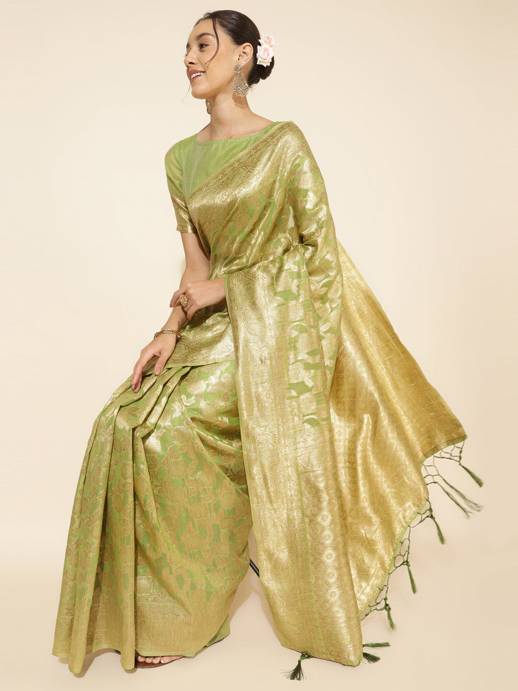 Janasya Light Green Chanderi Silk Floral Woven Design Saree | Grocsy