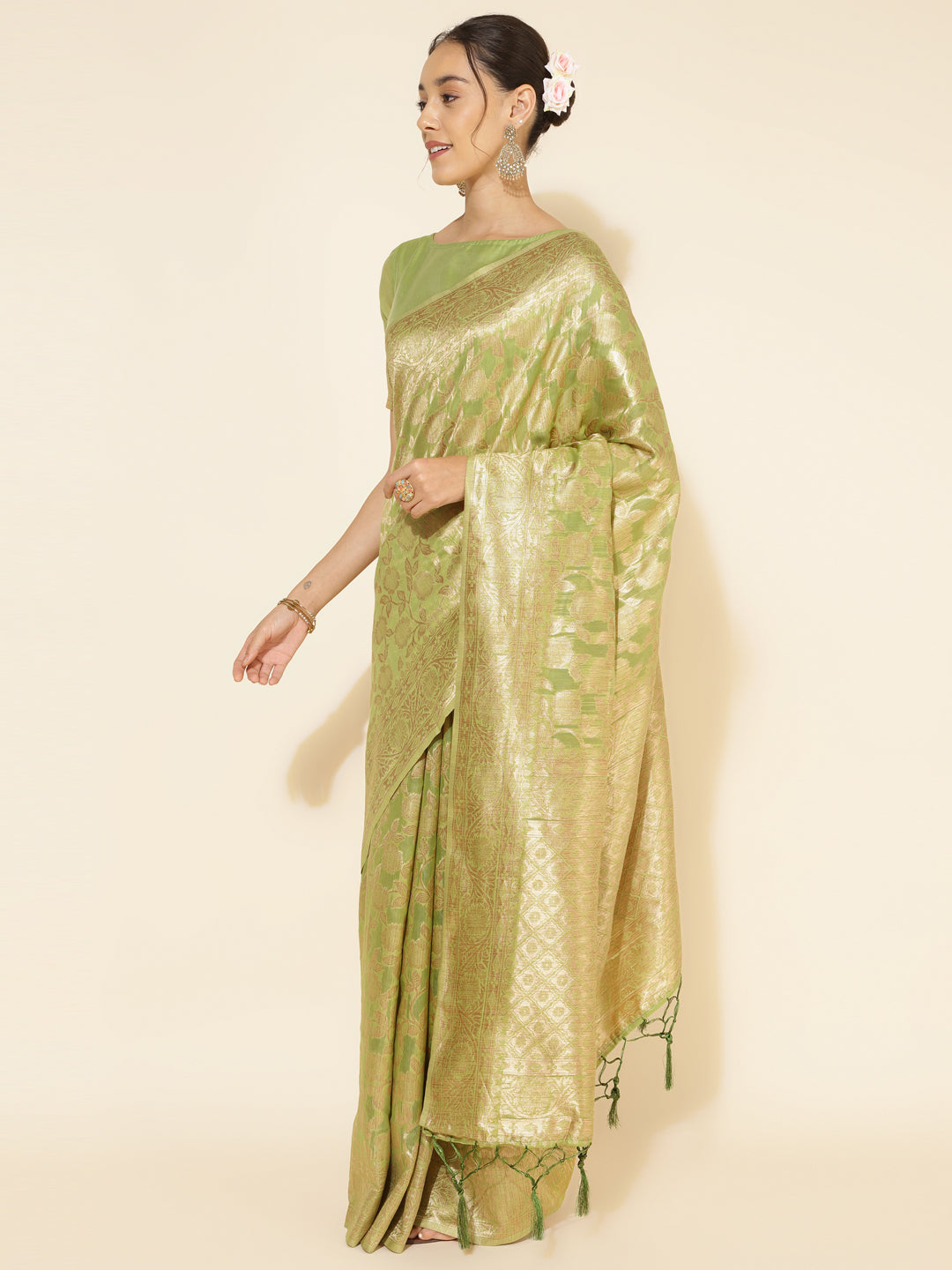 Janasya Light Green Chanderi Silk Floral Woven Design Saree | Grocsy