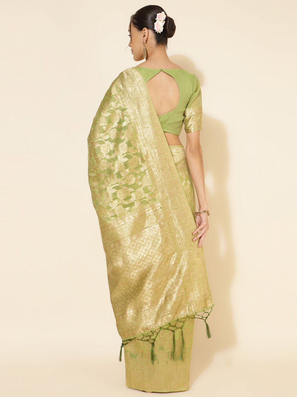 Janasya Light Green Chanderi Silk Floral Woven Design Saree | Grocsy