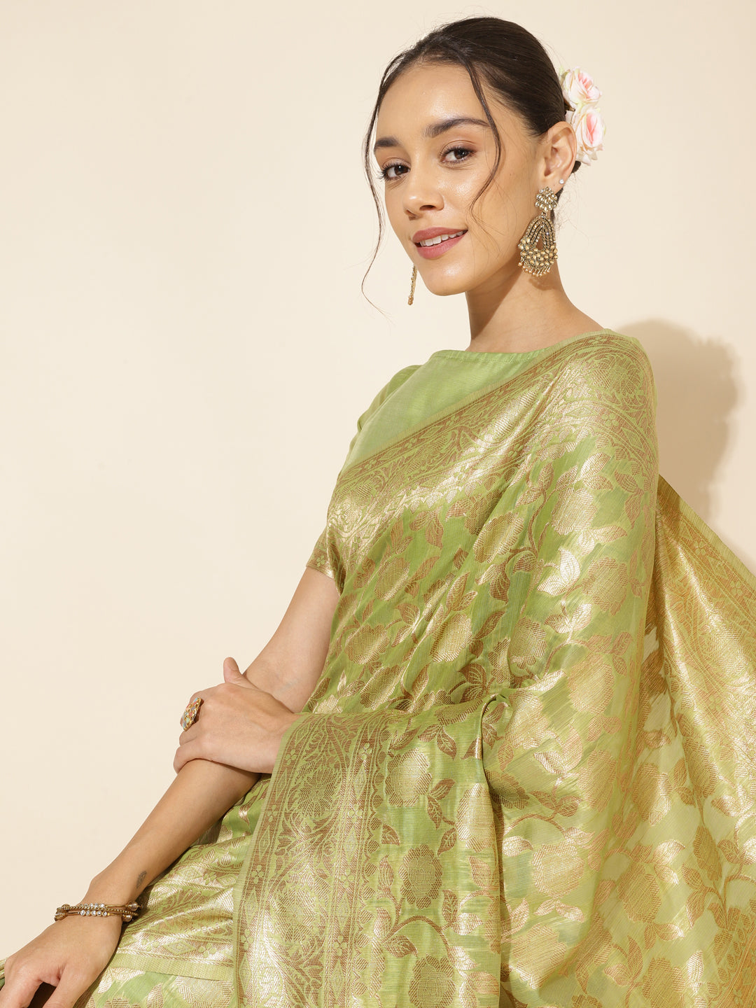 Janasya Light Green Chanderi Silk Floral Woven Design Saree | Grocsy