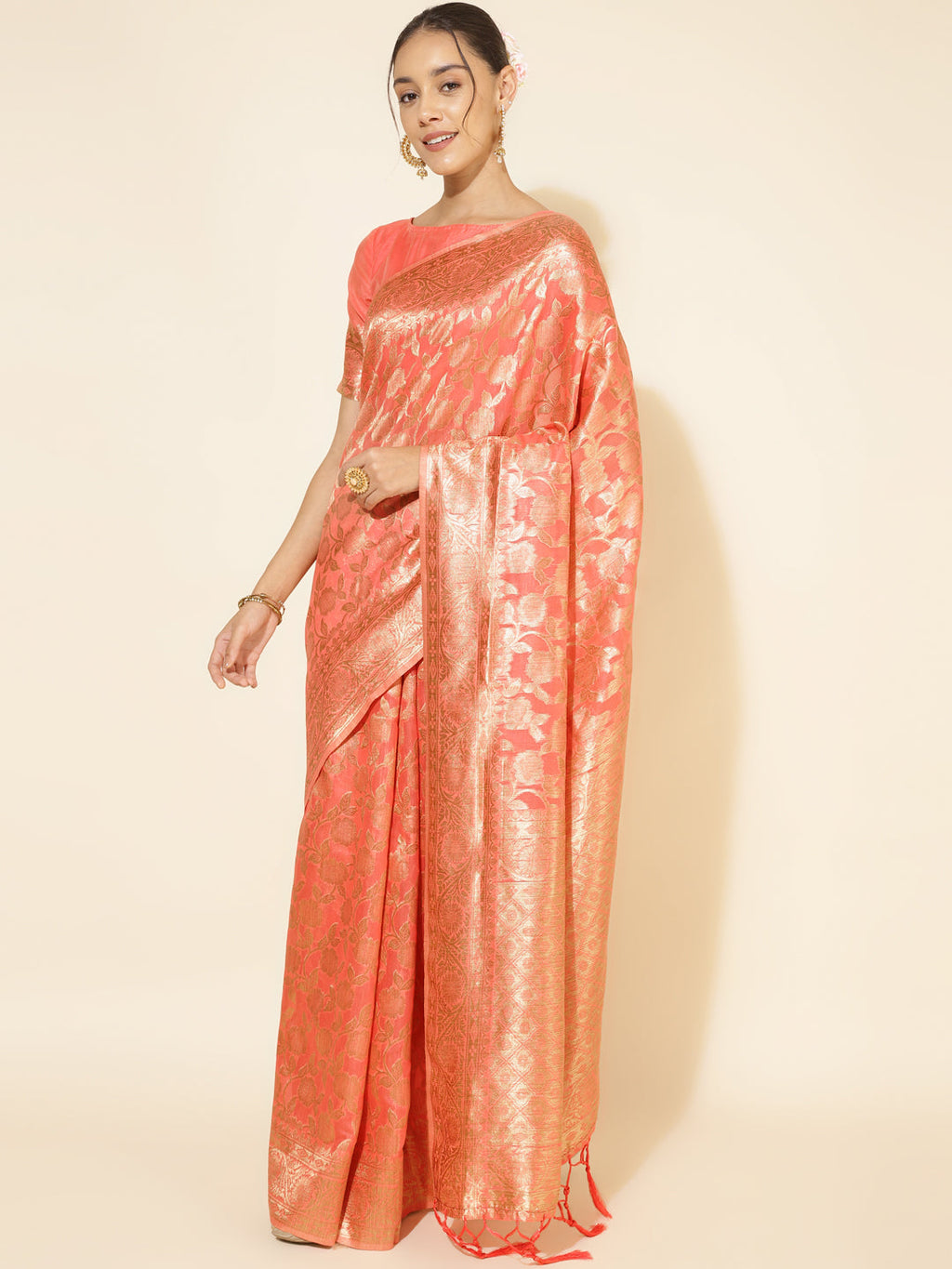 Janasya Peach Chanderi Silk Floral Woven Design Saree | Grocsy