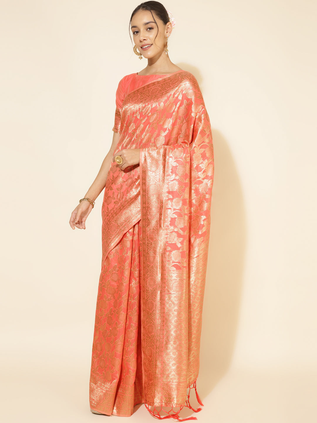Janasya Peach Chanderi Silk Floral Woven Design Saree | Grocsy